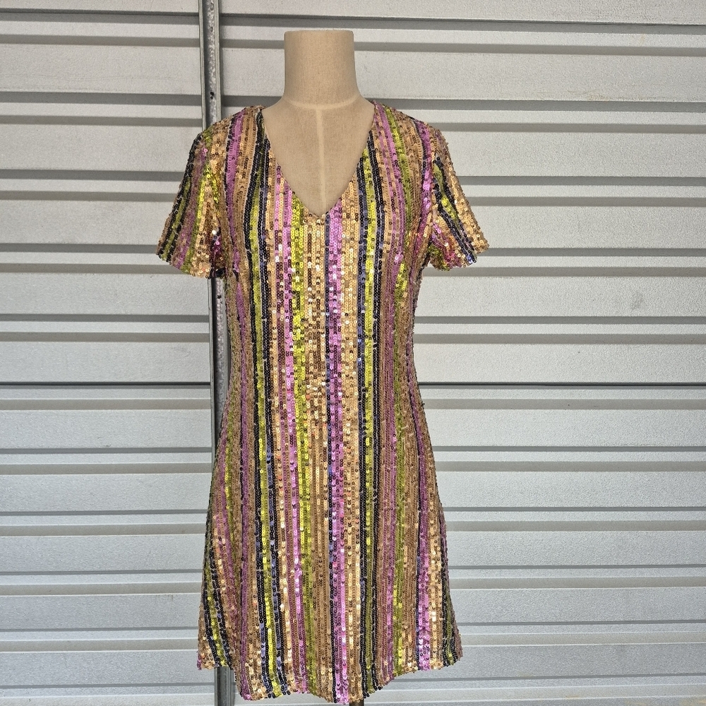 Altar'd State Pink and Gold Striped Sequin V-Neck Mini Dress